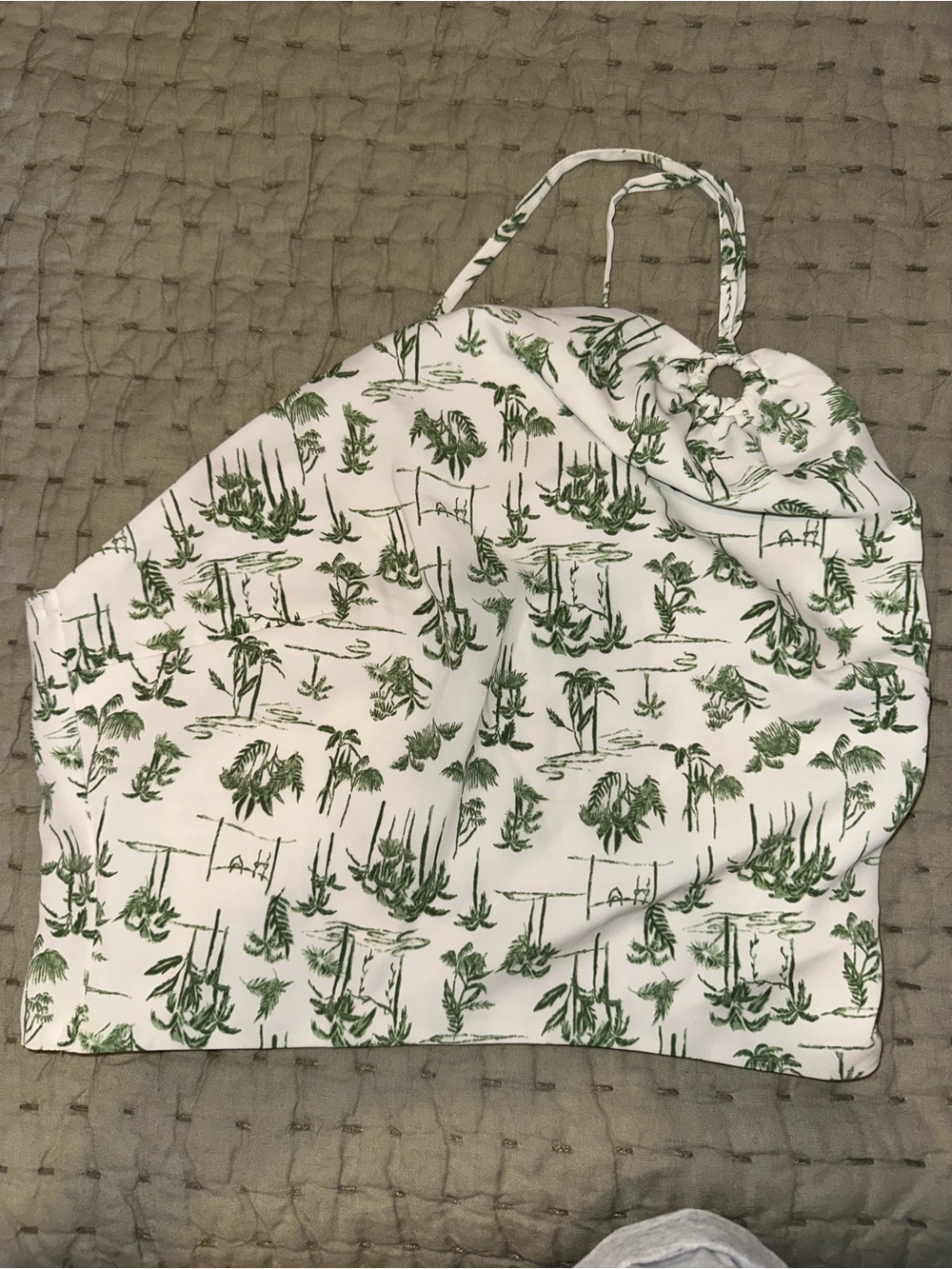 White and Green Palm-Print One Shoulder Top